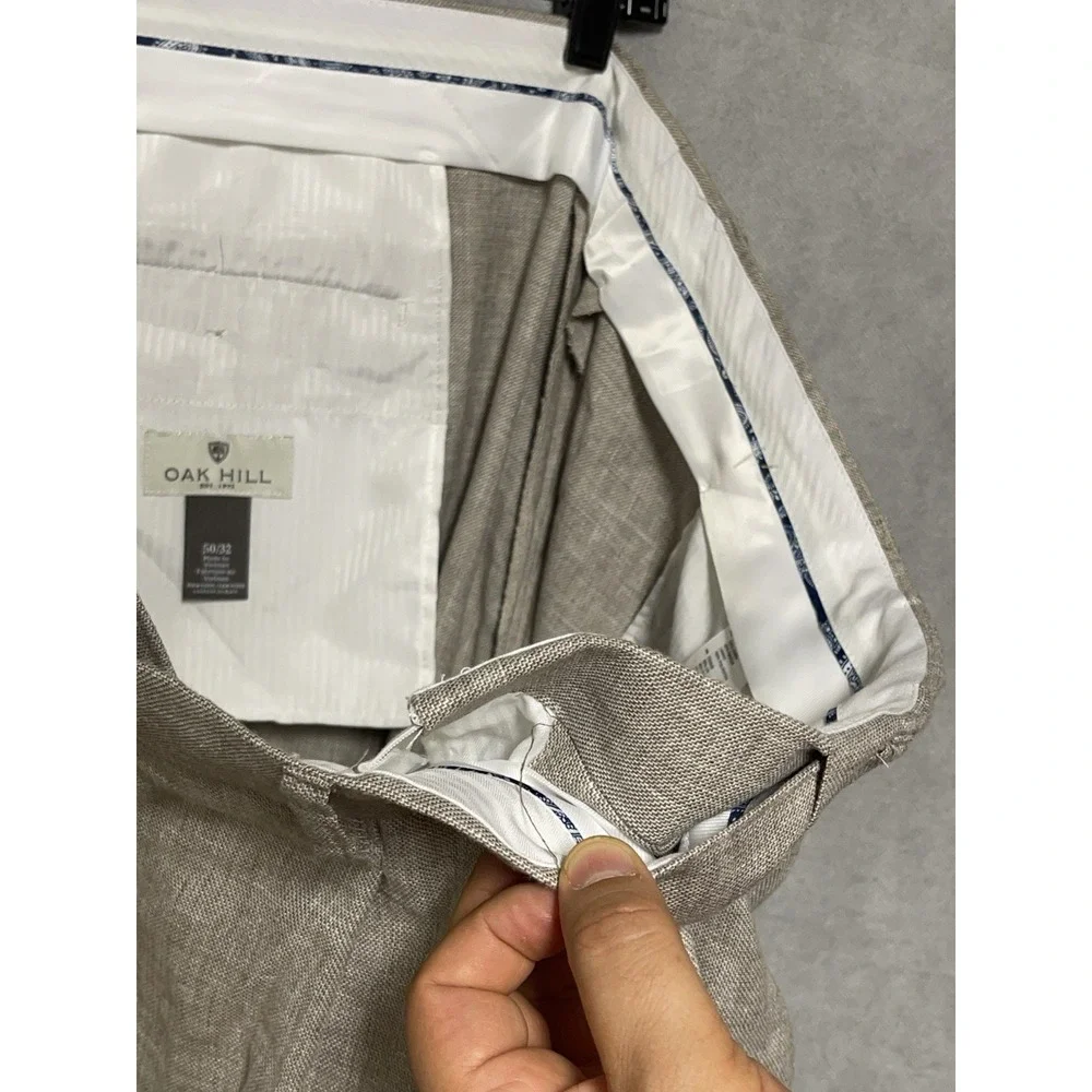 Oak Hill Pants Men 50x33 DXL Linen Rayon Adjustable Waist Hopsack Pleated Cuffs